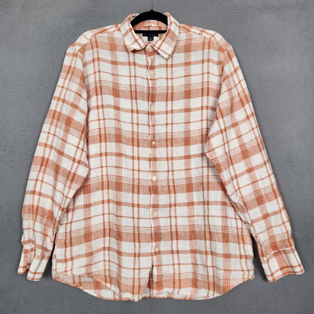Banana Republic Shirt Mens XL Orange Plaid 100% Linen Long Sleeve Button Up